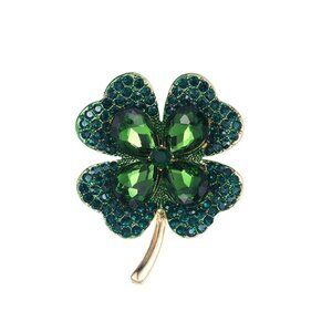 Lucky Four Leaf Clover Brooch – Green Crystal Pin – St. Patrick’s Day Gift